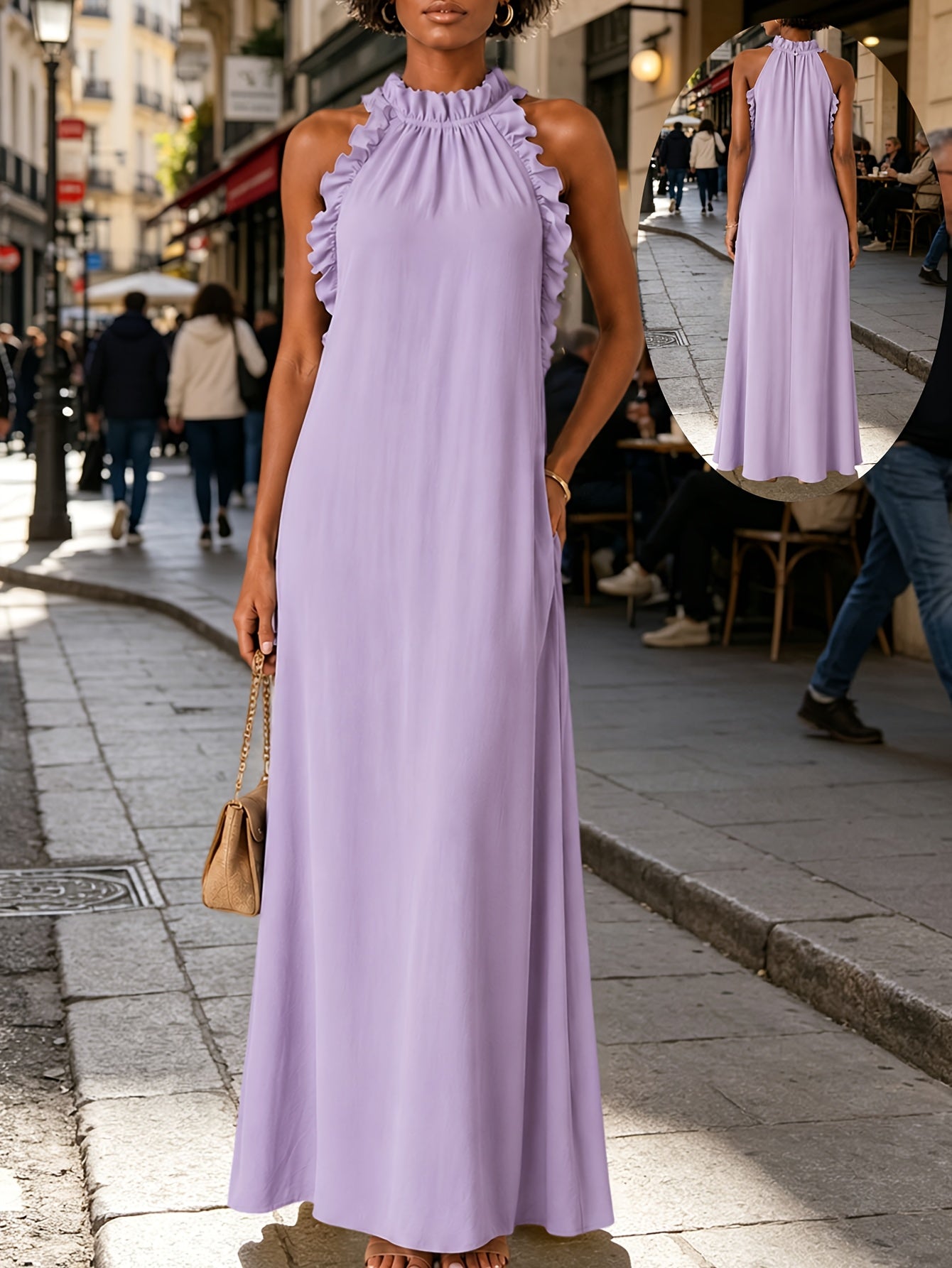 Summer Vacation Style Leaf-Edge Halter-Neck Sleeveless Dress