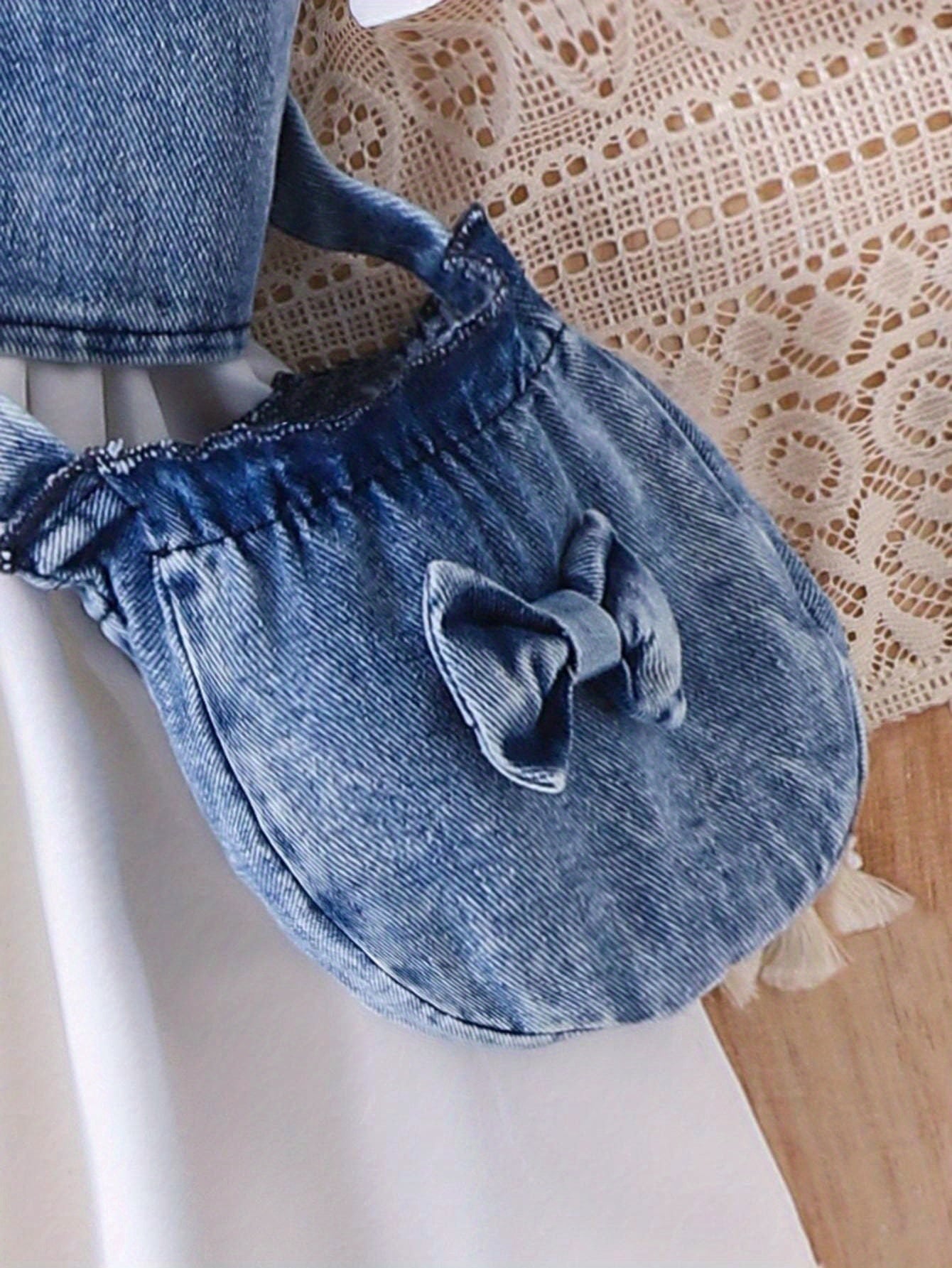 Three-Piece Baby Girl Set: Denim Short Vest Jacket + Plain Notched Neck Bubble Short-Sleeve Belted Dress + Bow-Decorated Denim Crossbody Bag, for Outdoor