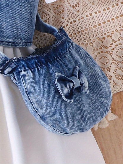 Three-Piece Baby Girl Set: Denim Short Vest Jacket + Plain Notched Neck Bubble Short-Sleeve Belted Dress + Bow-Decorated Denim Crossbody Bag, for Outdoor