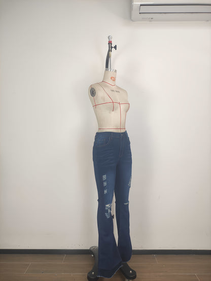 High-Waisted Bootcut Jeans for Women - Classic Blue Stretchy Jeans with a Sexy Distressed Design