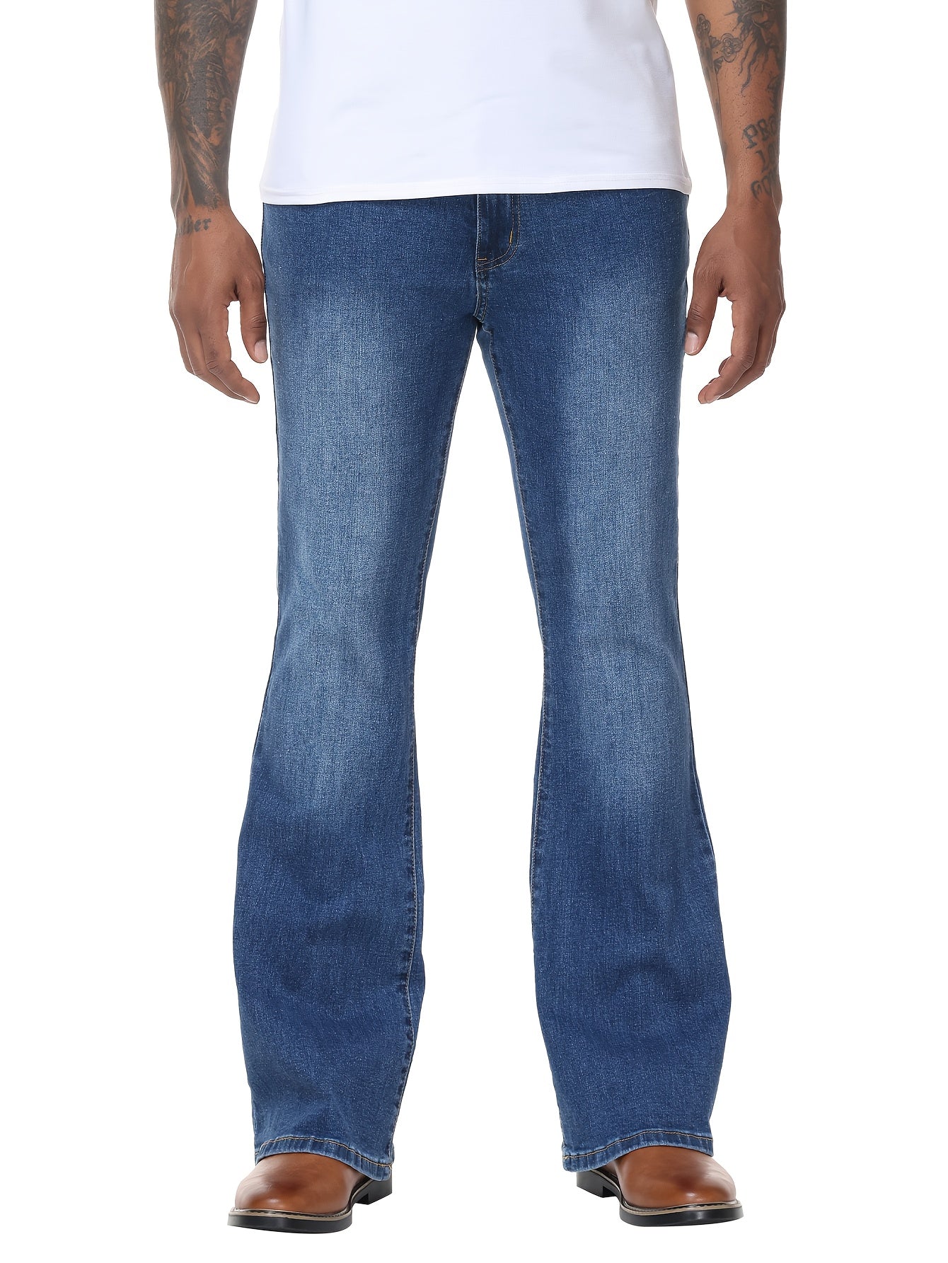 Men's Vintage 70s Retro Bell Bottom Jeans - Wide- Flare Pants with Mid-Stretch Blend, Beltless Suitable for Disco Parties, Night Out & Casual Attire, Machine Washable Mid-Rise Bottoms