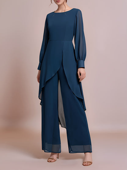 Ladies' Elegant Two-piece Set, Fashionable Chiffon Top with Flowing Sleeves, Wide-leg Pants, And Stylish Accessories - A Must-have Party Dress Pants Set for All Seasons.