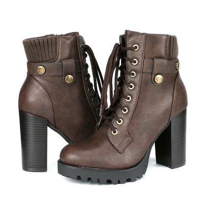 Women Short Boots Fall Winter Boots Women's Lace up Combat Ankle Boots High Chunky Heel Fashion Heeled Booties Shoes Black Boots