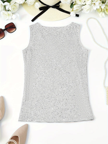 Sparkling Sequin V-Neck Sleeveless Top, Elegant Casual Tank for Spring and Summer Wear