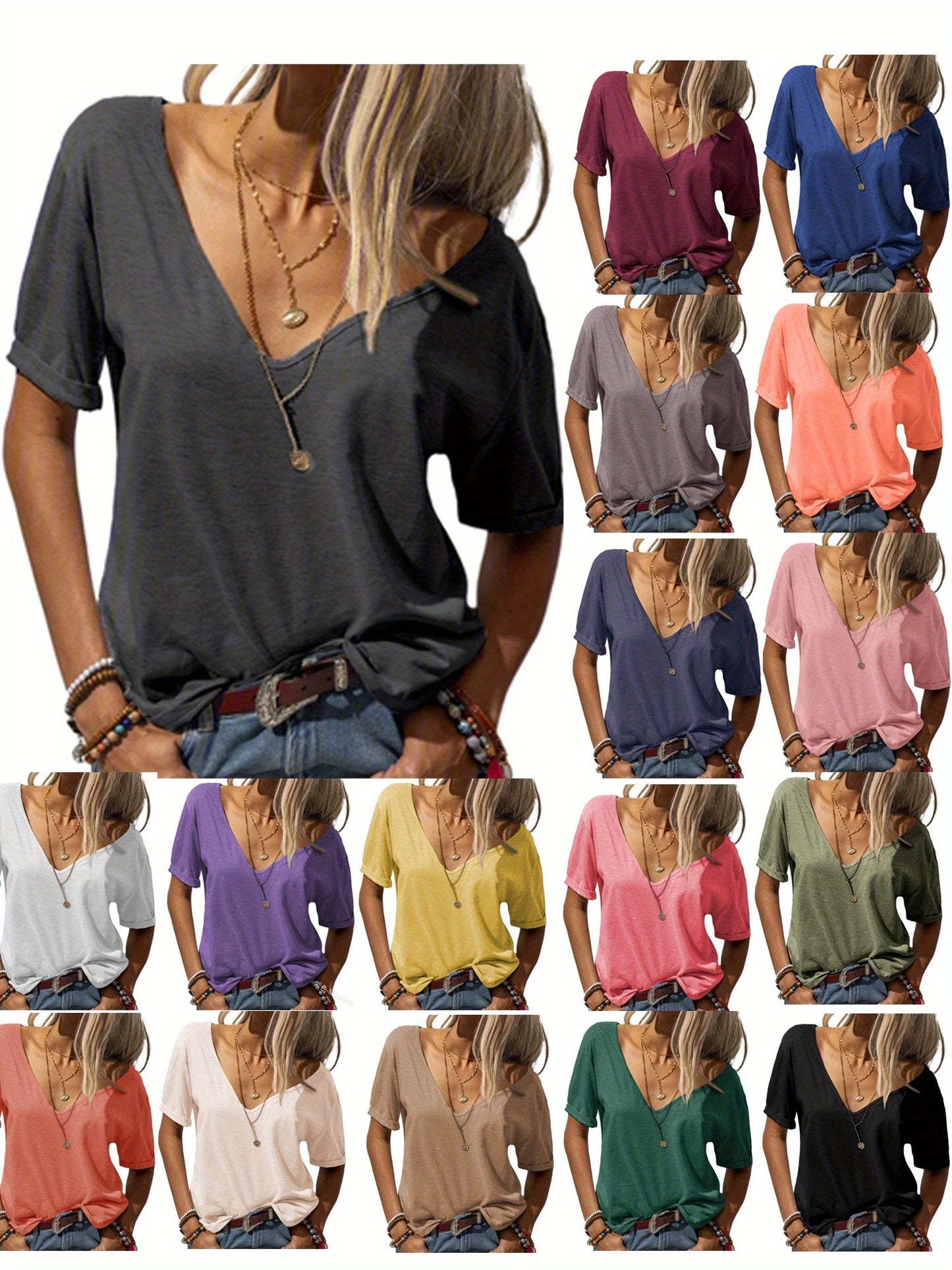 Casual Loose Basic T-Shirt for Women with a Deep V-Neck And Short Sleeves
