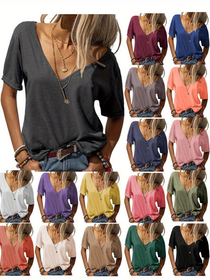 Casual Loose Basic T-Shirt for Women with a Deep V-Neck And Short Sleeves