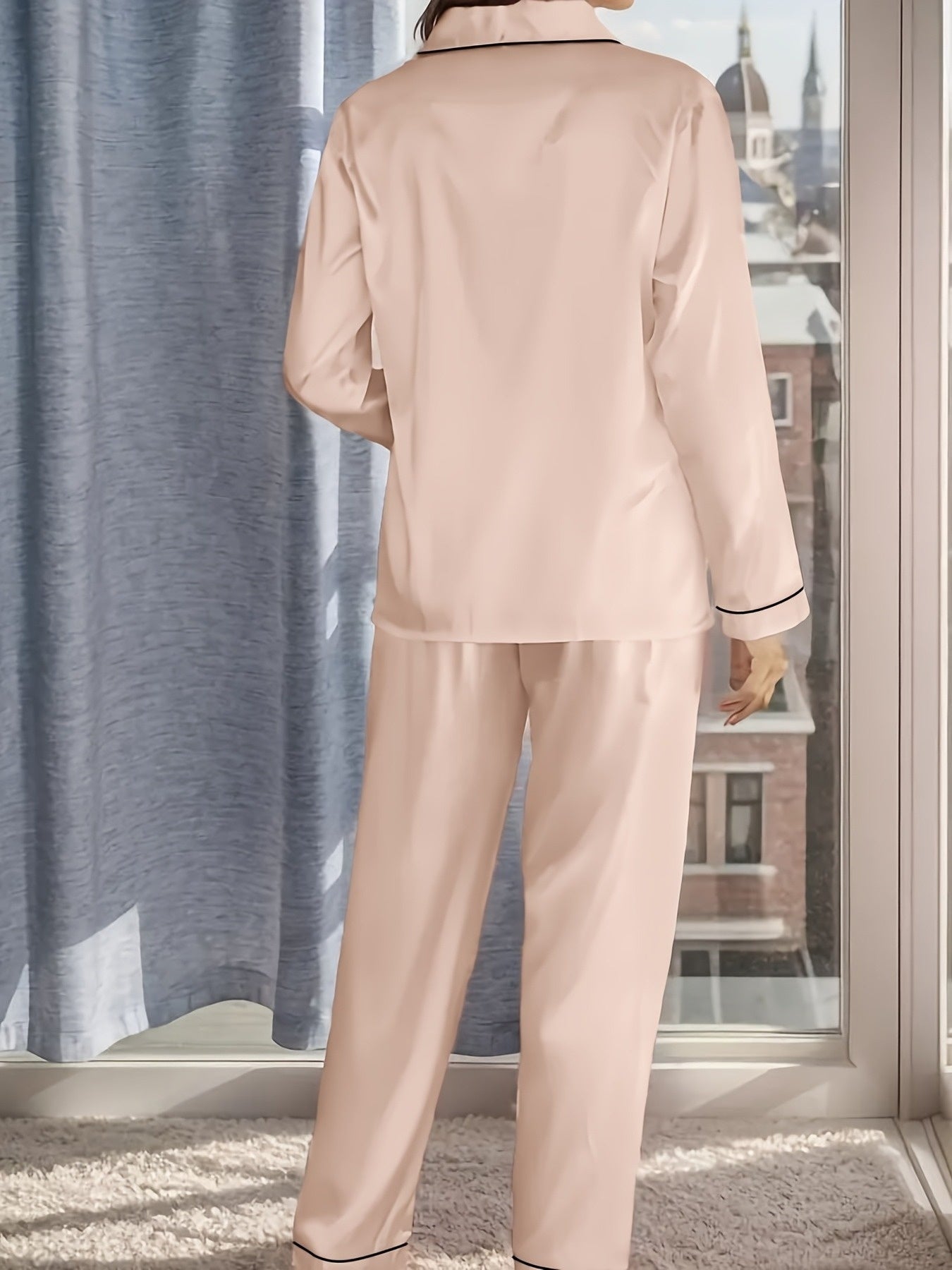Women's Satin Casual Comfortable 1 Set 2pcs Pajama Outfit, Turn- Collar Long Sleeve Top & Elastic Waistband Trousers Women's Sleepwear