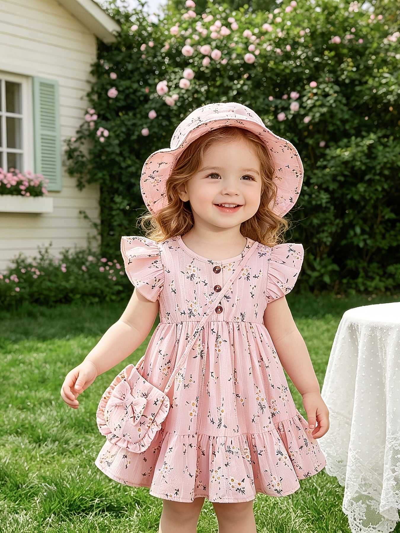 3pcs Casual Baby Girl Blue Dress Set, Small Floral Print and Ruffled Hem Design, with Cute Bag Bow Decoration and Sun Hat, Spring/Summer Princess Drdoor Wedding Occasion, Sister and Little Sister Dresses, Gift
