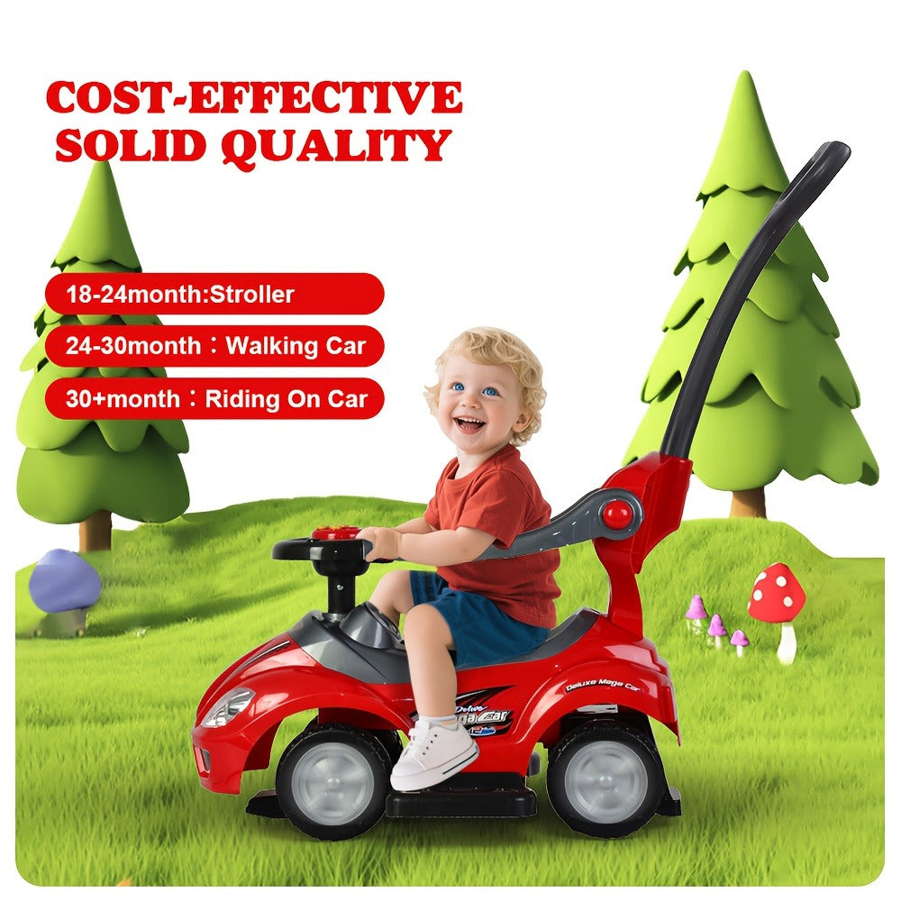 3-in-1 Kids Ride-On Push Car - Ride-on, walker and push-cart modes with music