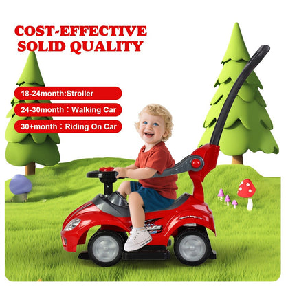 3-in-1 Kids Ride-On Push Car - Ride-on, walker and push-cart modes with music