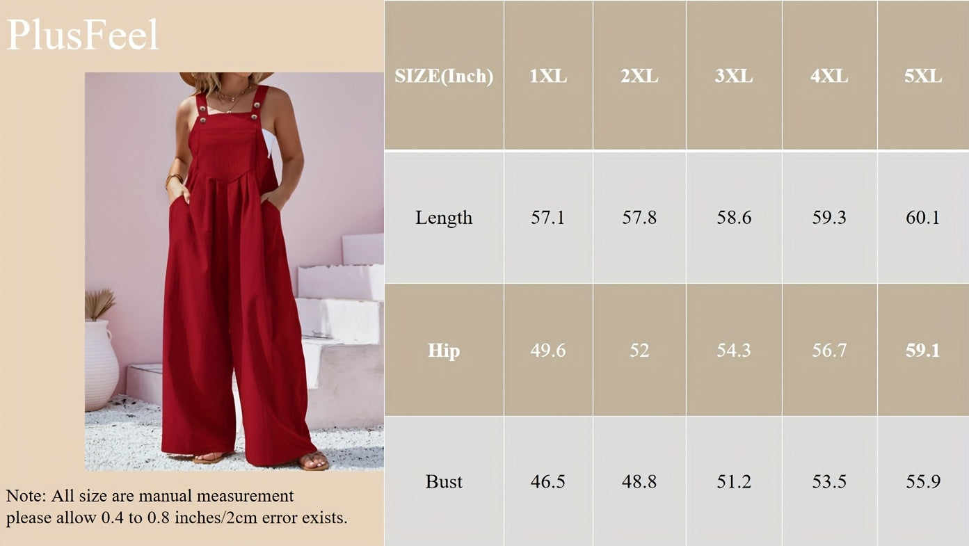 Plus Size - Plus Size - Curve Casual Women'S Spring And Summer Button Back Tie One-Piece Pants - Back Tie Button Design, Thin Thickness, Loose Fit - Spring And Summer Plus Size Women'S Vacation Jumpsuits