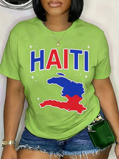 Haiti Map Print Women's TShirt Perfect for Dates, Home Office, Cafes, Mother's Day, Easter, and Any Holiday Celebrations, Ideal Summer Casual Wear