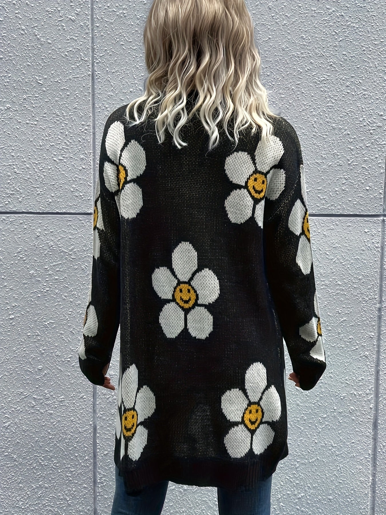 Floral Pattern Button Knit Cardigan, Casual Long Sleeve Mid Length Sweater, Women'S Clothing