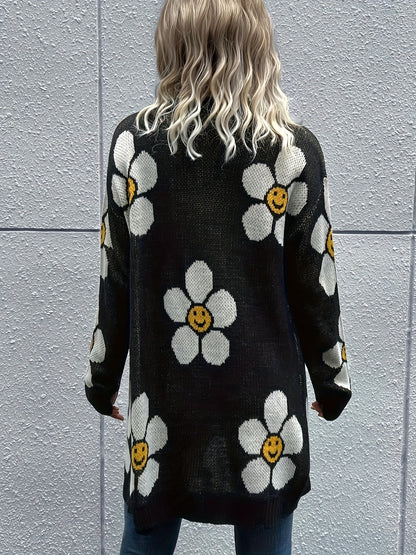 Floral Pattern Button Knit Cardigan, Casual Long Sleeve Mid Length Sweater, Women'S Clothing