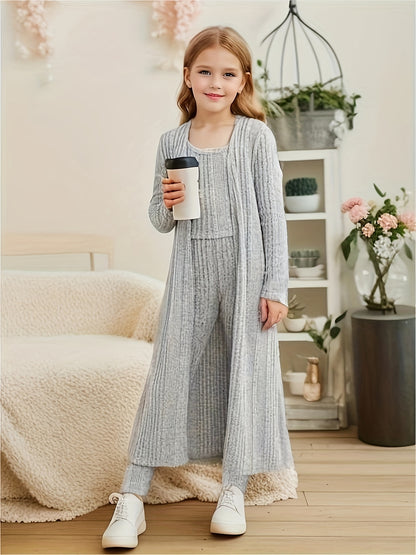 Stretchy Knitwear 3pcs Girls, Long Sleeve Shawl Knit Cardigan + Top + Leggings Kids Gift, perfect for casual outdoors & walking dog, Perfect for Outdoor