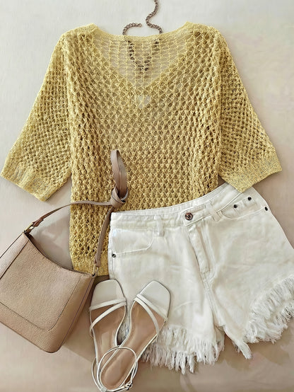 A Stylish Loose-Fitting Top with a Solid Color, V-Neck, And Hollow Design, Featuring Short Sleeves And New.