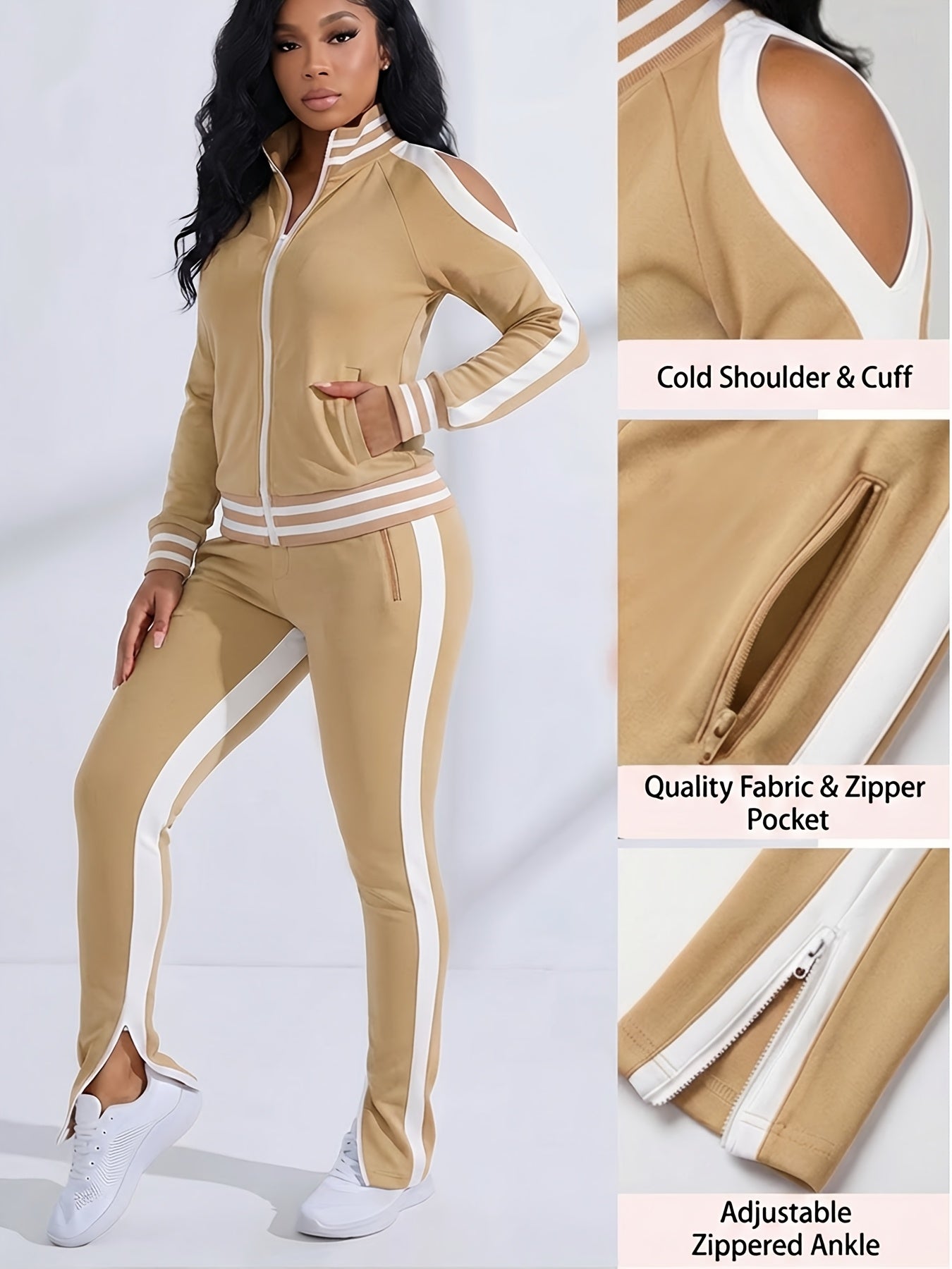 Women's 2pcs Athletic Tracksuit Set, Striped Contrast Shoulder Slit Top & Zipper Hem Sporty Pants, Activewear Lounge Set
