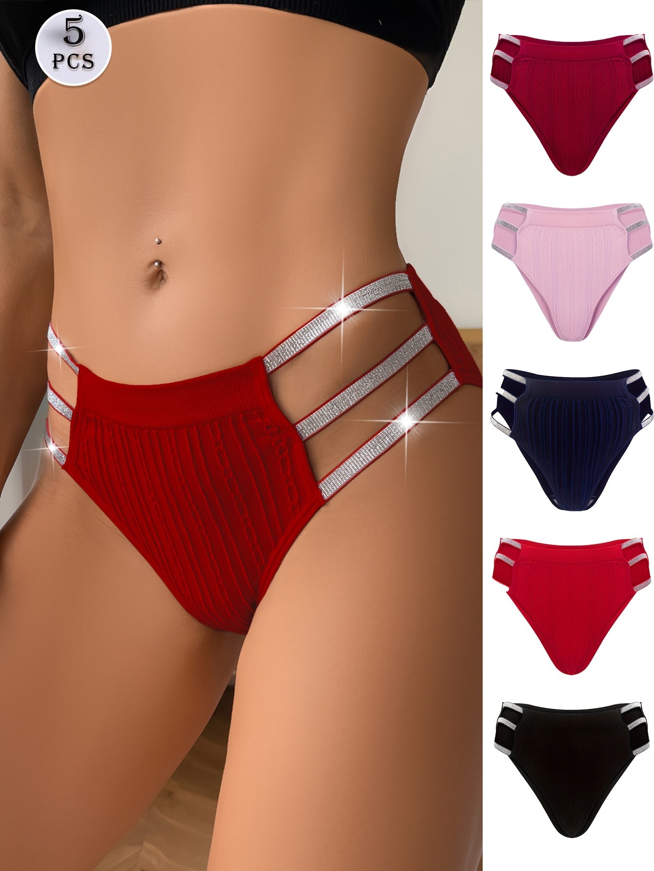 5pcs Ladies Sexy Hollowed Out Triangle Panties, Shiny Waistband Mix 5 Colours Fashion Trend Low Waist Underwear, Mature And Elegant Comfortable Soft And Breathable High Elasticity Brief