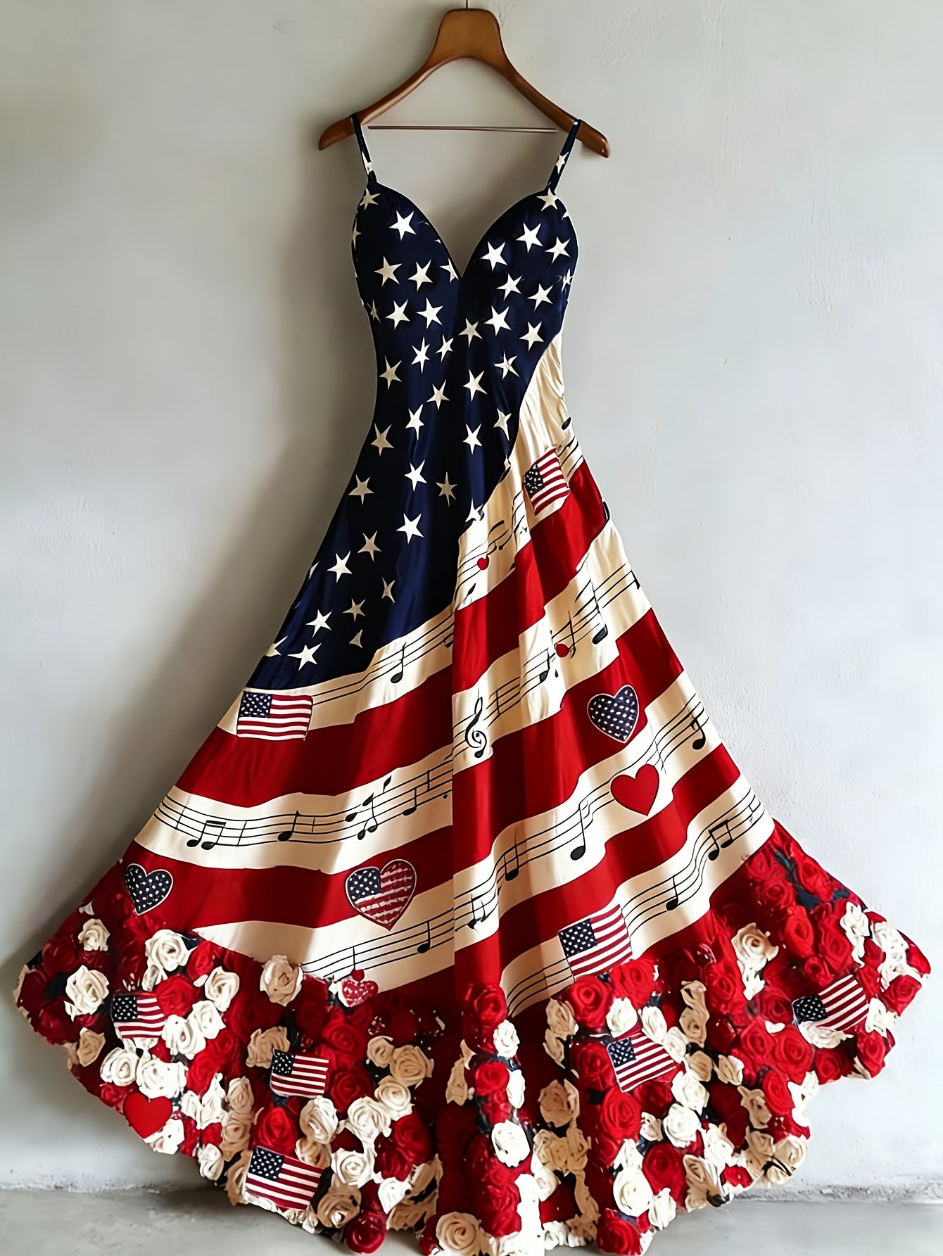 Women's Patriotic Maxi Dress - A-Line Silhouette, Suitable for Vacation, Leisure & Beach Outings, Loose Fit, National Flag Pattern, Sleeveless, V-Neck, Red National Flag Design with Built-In Cups