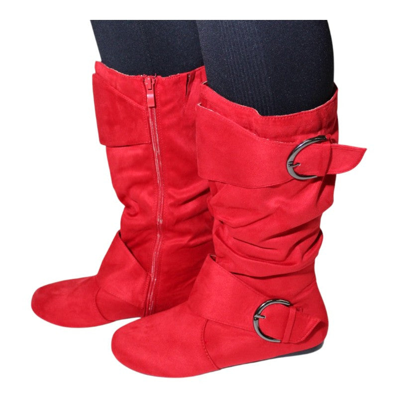 Women's Closed Round Toe Buckle Slouch Flat Heel Mid-Calf Boot