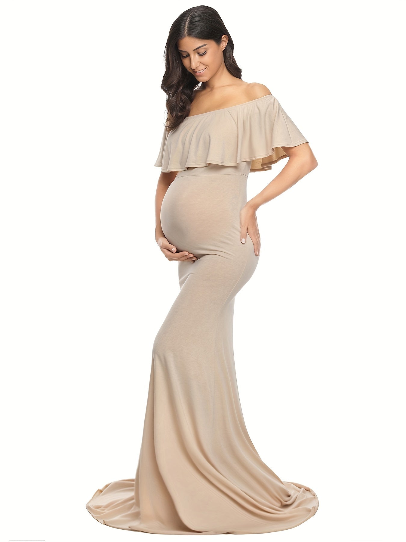 Womens Off Shoulder Maternity Dress Ruffles Elegant Slim Gowns Fit Maxi Photography Dress