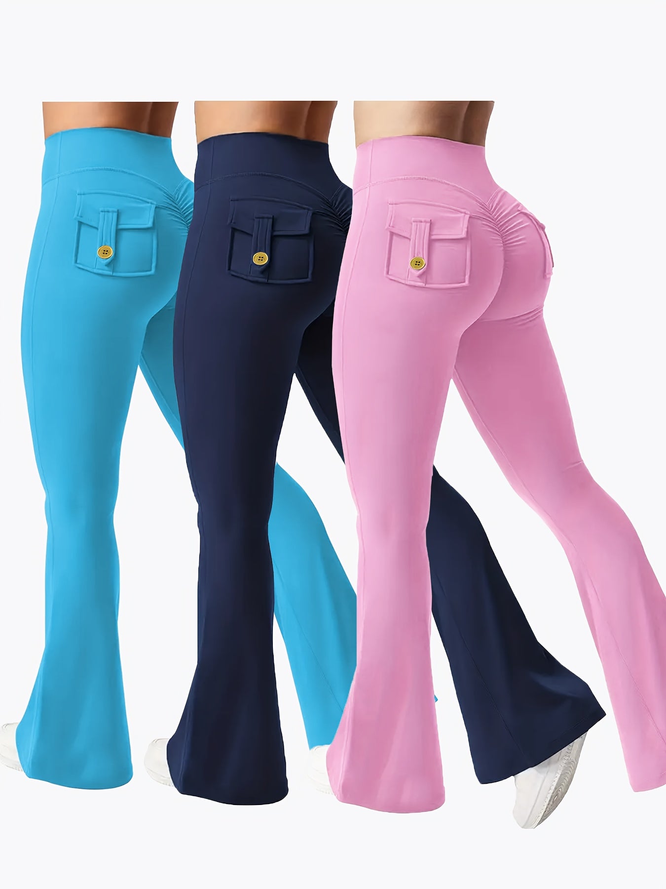 Women's Autumn Outfit 3pcs Set in Black, Gray, Green, and Black, Gray, Rose Red, Fashion Cargo Style Flared Pants, Women's Casual Flared Pants, High-Waisted Pocket Joggers, Cargo Style Peach Butt Pants, Quick-Dry Tummy Control Hip Lifting Long Flared