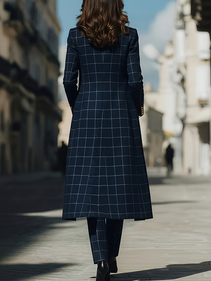 Three-Piece Ensemble: Navy Checkered Long Jacket + Vest with Golden Buttons + Tailored Trousers | for Women | Elegant And Refined Professional Staples, Ideal for Formal Travel, Corporate Gatherings, And All-Season Fashion