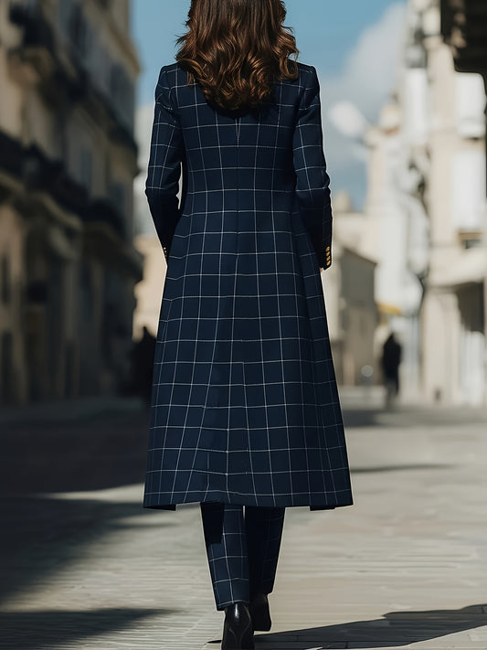 Three-Piece Ensemble: Navy Checkered Long Jacket + Vest with Golden Buttons + Tailored Trousers | for Women | Elegant And Refined Professional Staples, Ideal for Formal Travel, Corporate Gatherings, And All-Season Fashion