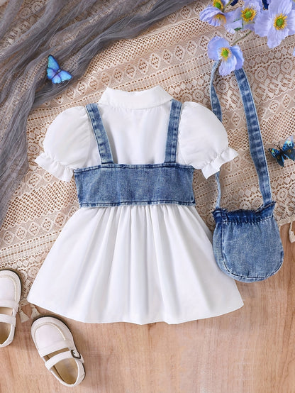 Three-Piece Baby Girl Set: Denim Short Vest Jacket + Plain Notched Neck Bubble Short-Sleeve Belted Dress + Bow-Decorated Denim Crossbody Bag, for Outdoor