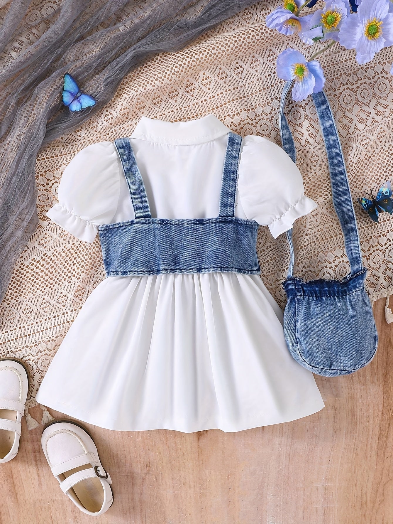 Three-Piece Baby Girl Set: Denim Short Vest Jacket + Plain Notched Neck Bubble Short-Sleeve Belted Dress + Bow-Decorated Denim Crossbody Bag, for Outdoor