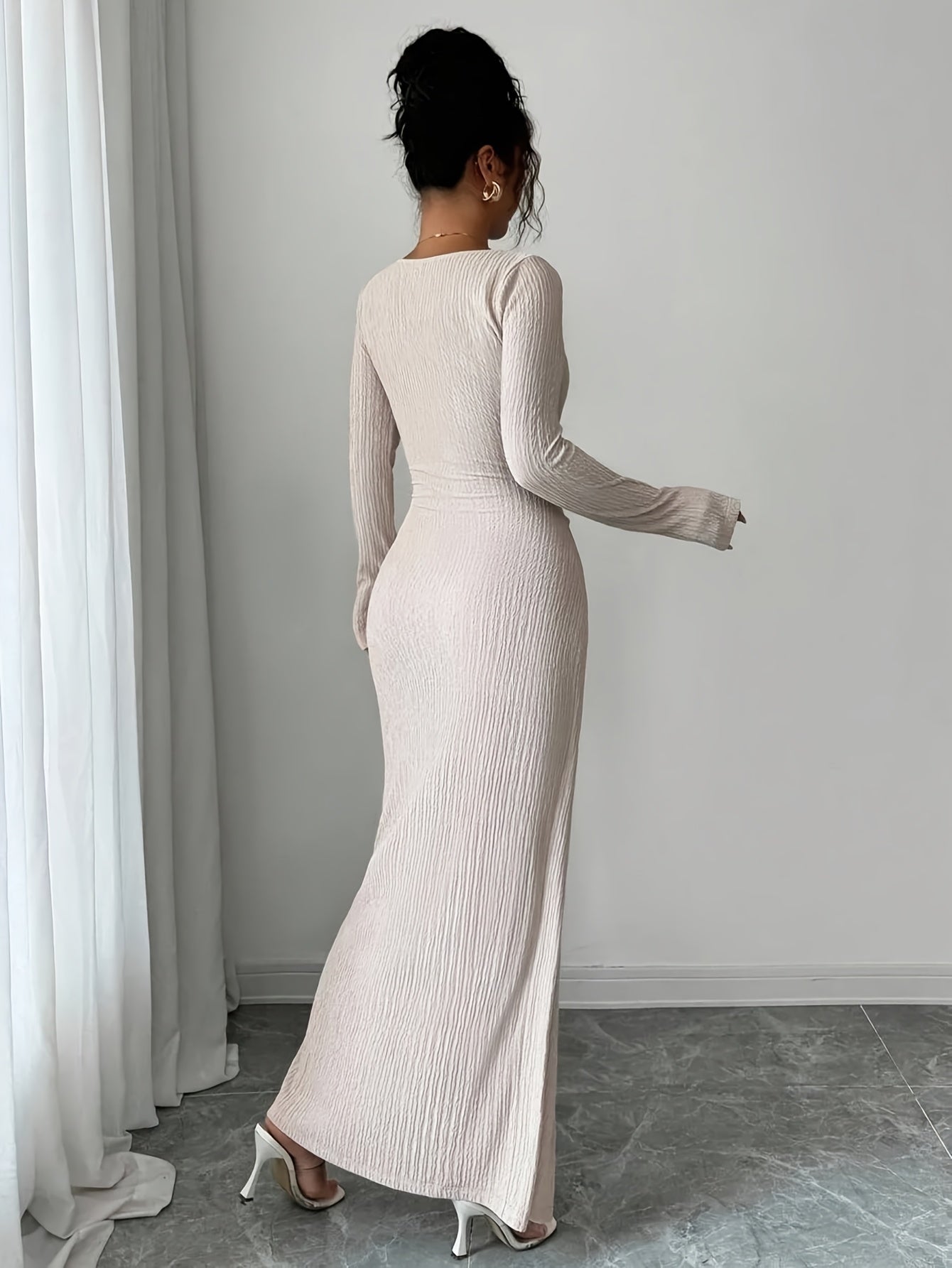 Women'S Solid Color Twisted Split Maxi Dress Asymmetrical Neck Slim Bodycon Fall Winter Elegant Fashion Dress