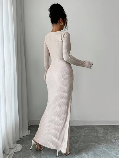Women'S Solid Color Twisted Split Maxi Dress Asymmetrical Neck Slim Bodycon Fall Winter Elegant Fashion Dress