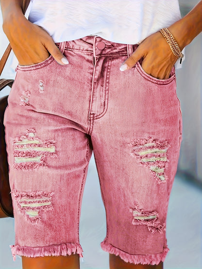 High-Waisted, Casual Summer Jean Shorts for Women with a Stretchy Fit And Ripped Design, Featuring Five Pockets And a Comfortable Feel, Available in Pink for a Y2K Style