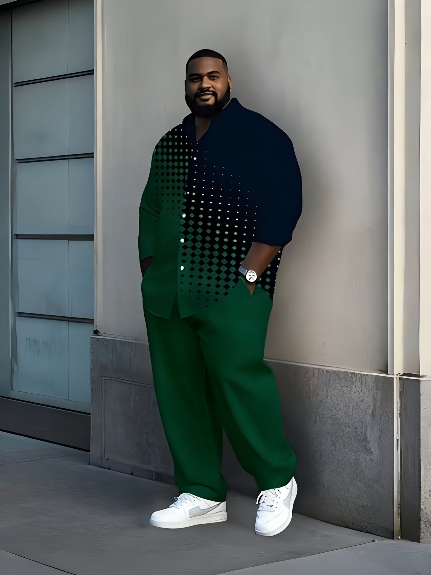2pcs Set- Plus-size Men's Long-sleeved Shirt and Trousers Set, Yellow and Black Contrast Stitching, Polka Dot Print, Local Warehouse, Suitable for All Seasons, Suitable for Leisure, Parties, Festivals, Daily Office Use, Wrinkle-resistant Polyester