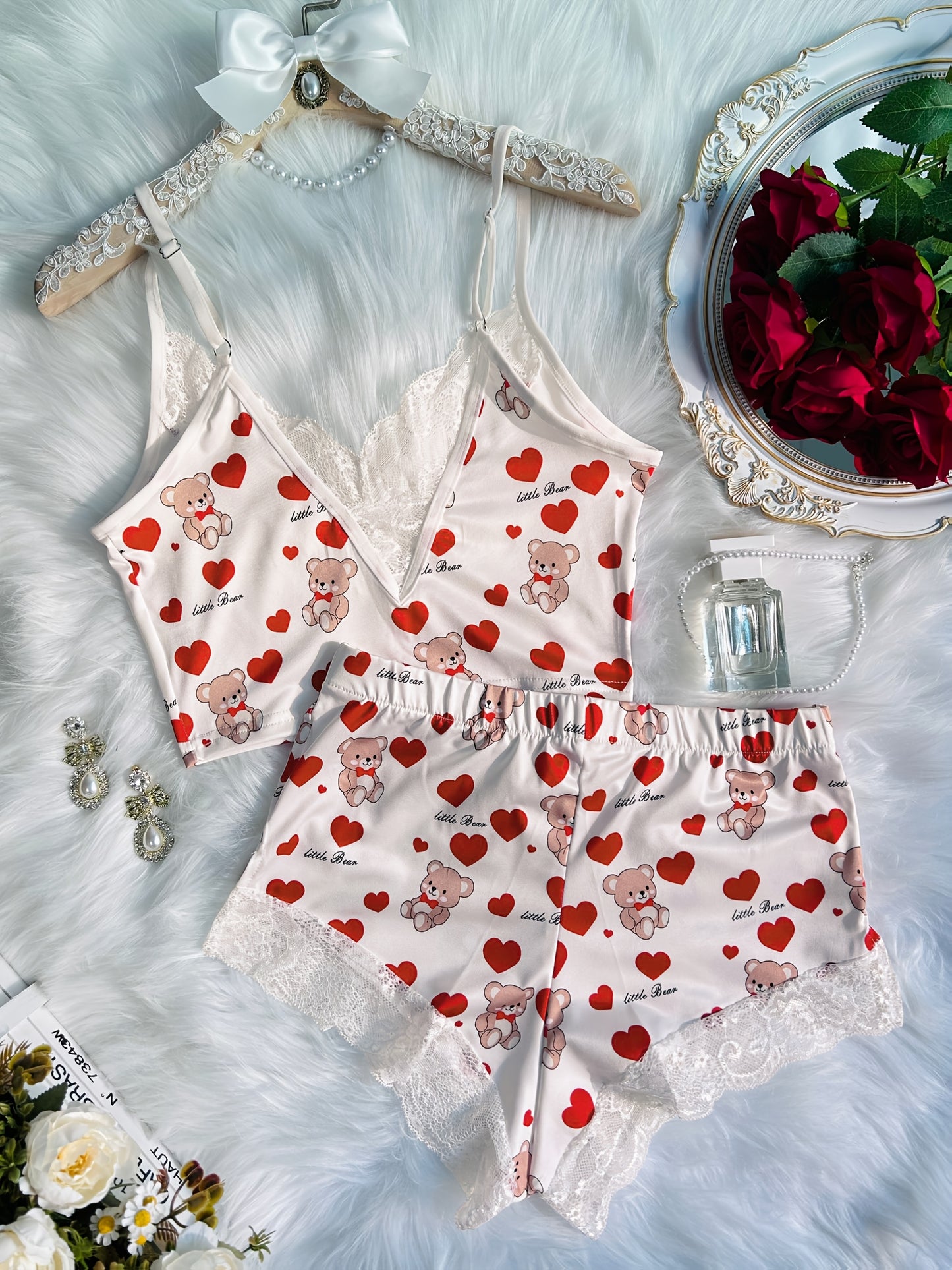 Contrast Color Lace Stitching Plaid Love Print V-neck Bilateral Side Open Backless Skin-friendly Soft Home Casual Pajamas Set