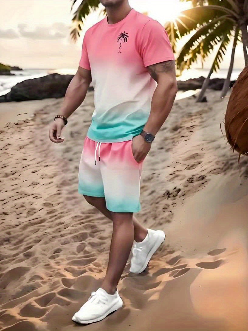 Men's stylish sportswear two piece set, casual crew neck t-shirt and shorts, 100% polyester, full coverage print, slight stretch, regular fit, summer sweatshirt