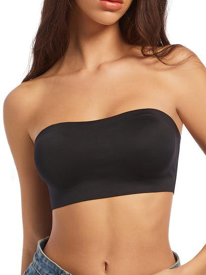 [Wireless Strapless Bra] 2pcs Wireless Strapless Bandeau Bra with Removable Pads, Sexy Cross Strap Detail, Nylon, Stretchy, Invisible Trace Solid Color