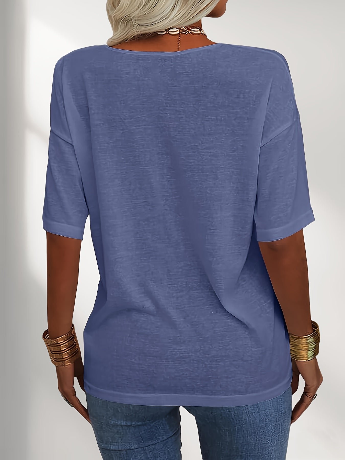 Women Fashion V-Neck Half Sleeves Oversized T Shirt Solid Casual Loose Basic Tops