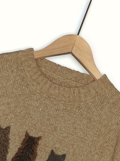 [Cozy Cat Sweater] Cozy Cable Sweater with Playful Cat Print | Women'S Beige & Brown, Loose Fit, Long Sleeve, Round Neck, Casual Spring And Autumn Top Ropa De Mujer Promotion Local Warehouse Discount