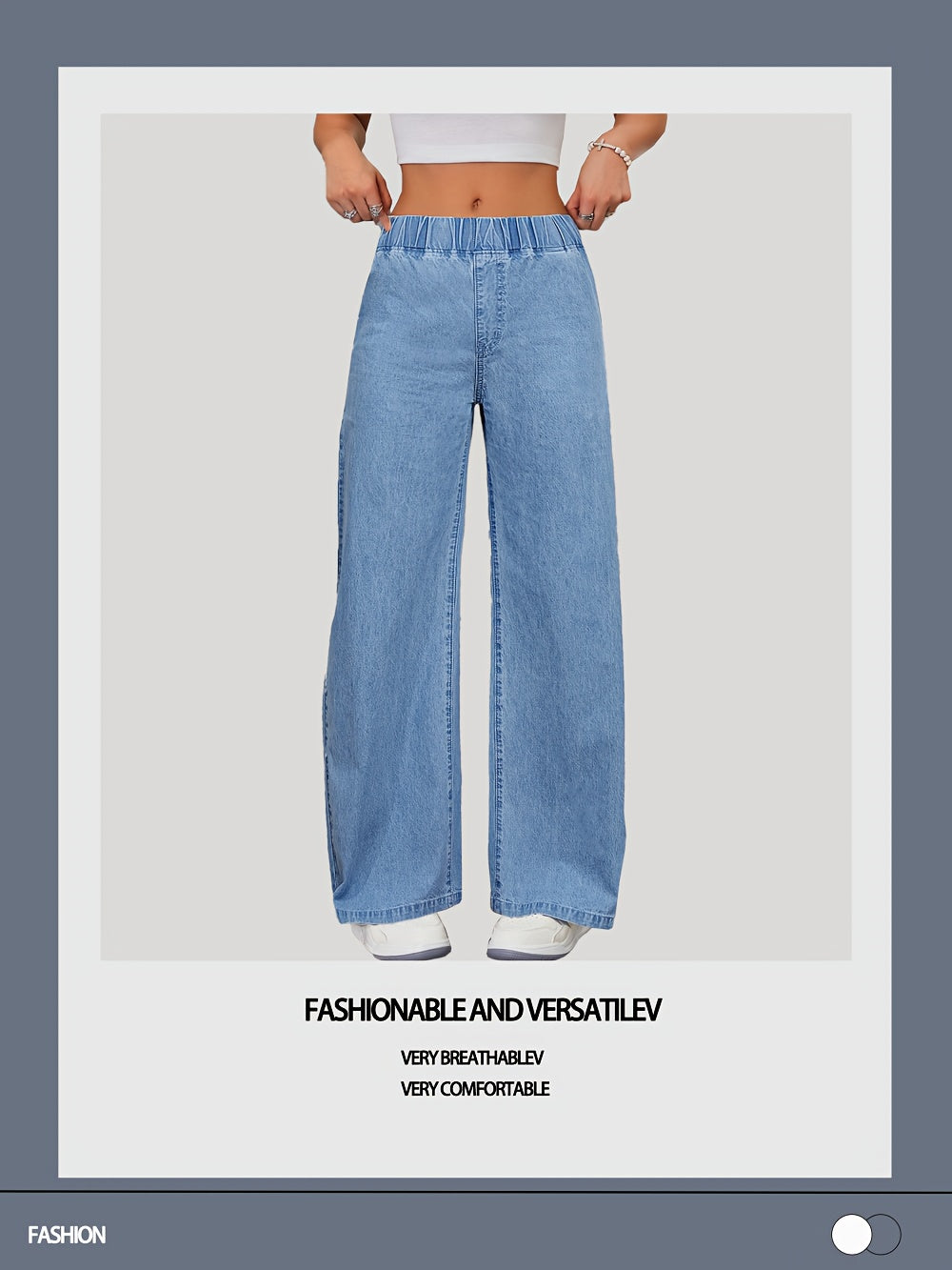 Women's Versatile Mid-blue Casual Stretch Waist Wide-leg Loose Regular Lightweight Denim Jeans