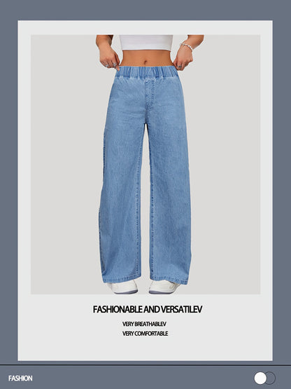 Women's Versatile Mid-blue Casual Stretch Waist Wide-leg Loose Regular Lightweight Denim Jeans