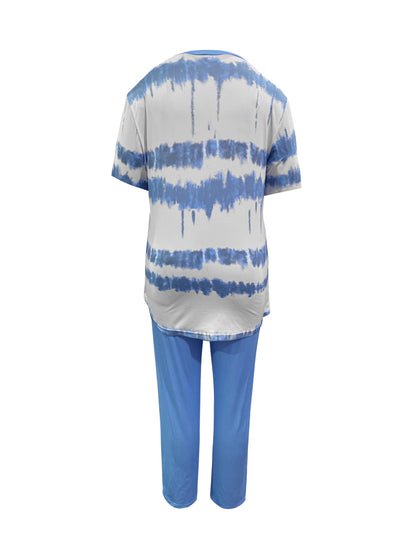 Plus Size, Ladies Plus Size Daily Fashion And Leisure Suit, Horizontal Wavy Striped Printed T-shirt with Short Sleeves And Pocket Trousers, Ladies Elegant Suit.