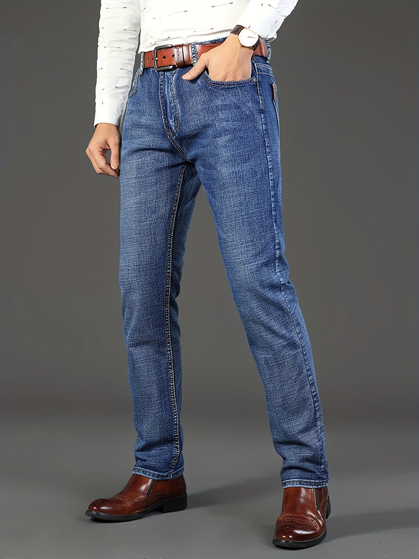 Men'S Plain Denim Trousers, Featuring a Light Business Look with a Bit of Stretch, Straight Leg Design Suitable for Casual Outdoor Wear