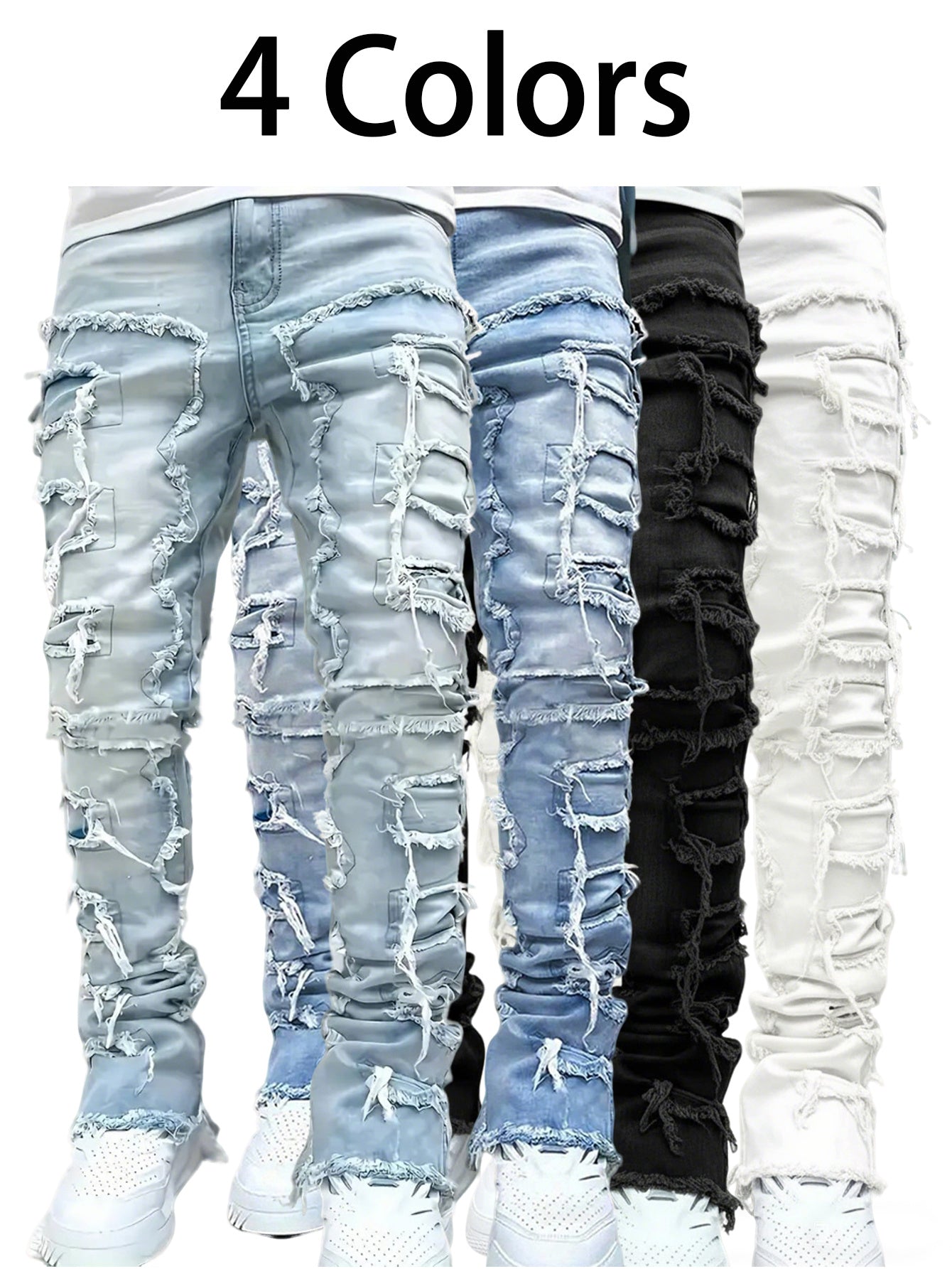 (Available In Four Colors) Men's Ripped Jeans, Vintage Street Style High-street Patchwork Jeans, Fashionable Spliced Slim-fit Jeans, Men's Elastic Slim-fit Jeans 1pc