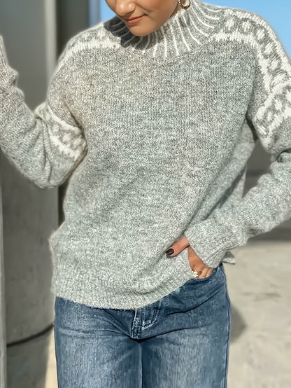 Nordic Snowflake High Neck Sweater, Gray Embossed Knitwear · Lazy Style Loose Fitting Design for a Slender Look Winter Layering Versatile Piece Gentle Feel Warm Comfortable Soft Texture