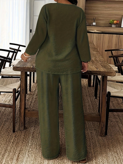 Plus Size, Autumn And Winter New Style, Plus Size Women's Casual Long-sleeved Shirt And Loose Pants 2pcs Set