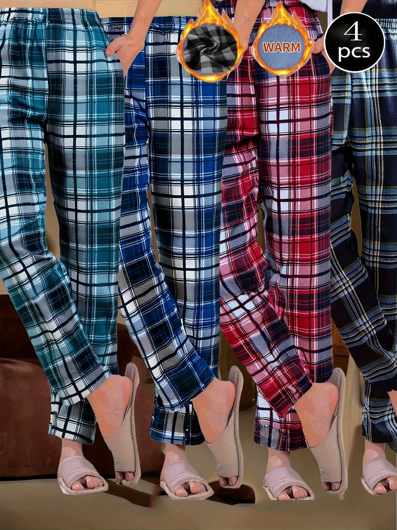 4pcs Set Sleep Pants Autumn and Winter Men's New Plaid Long Trousers Comfortable Lightweight Checkered Home Pants Loose Wearable 4-Strip Combination Elastic Waist Loungewear Soft Pants