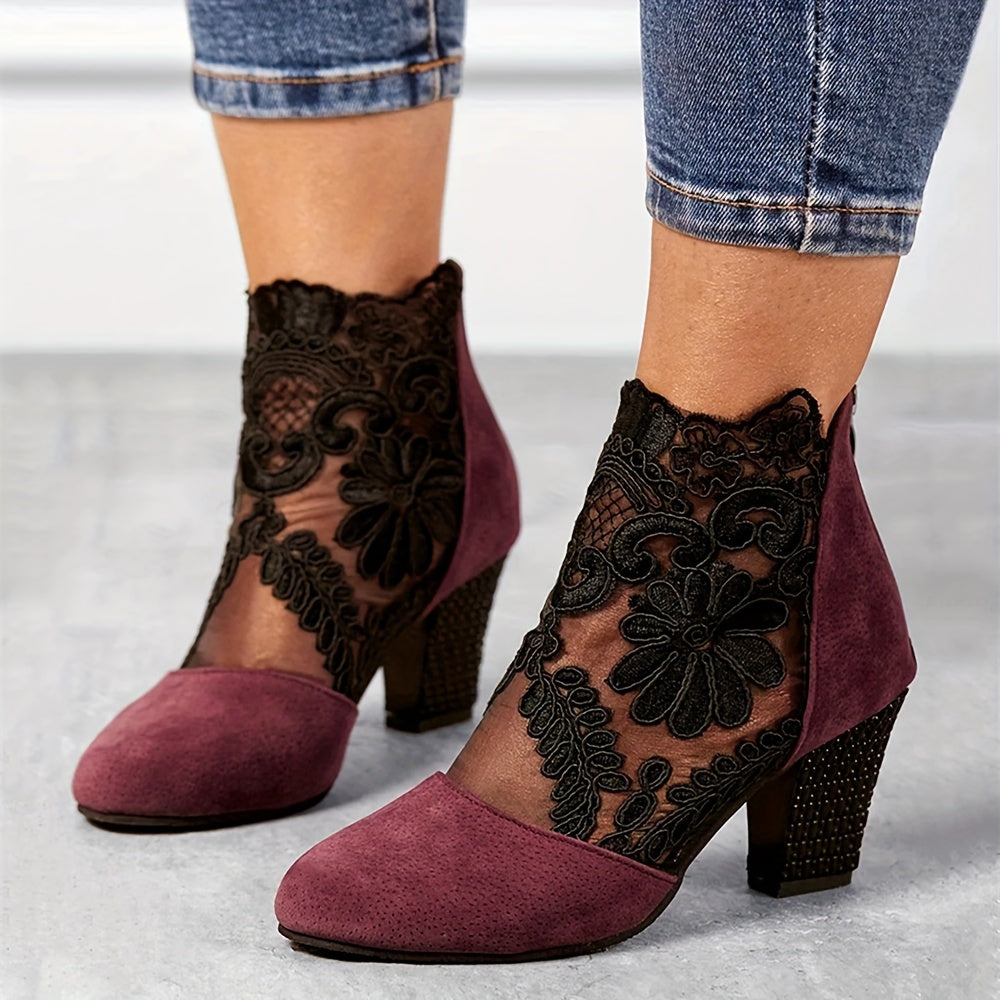Elegant Black Lace Ankle Boots with Floral Patterns - Comfortable Chunky Heel, Back Zip Closure, Round Toe Design, Breathable Fabric Upper And TPR Sole for Stylish Women, Women Shoes