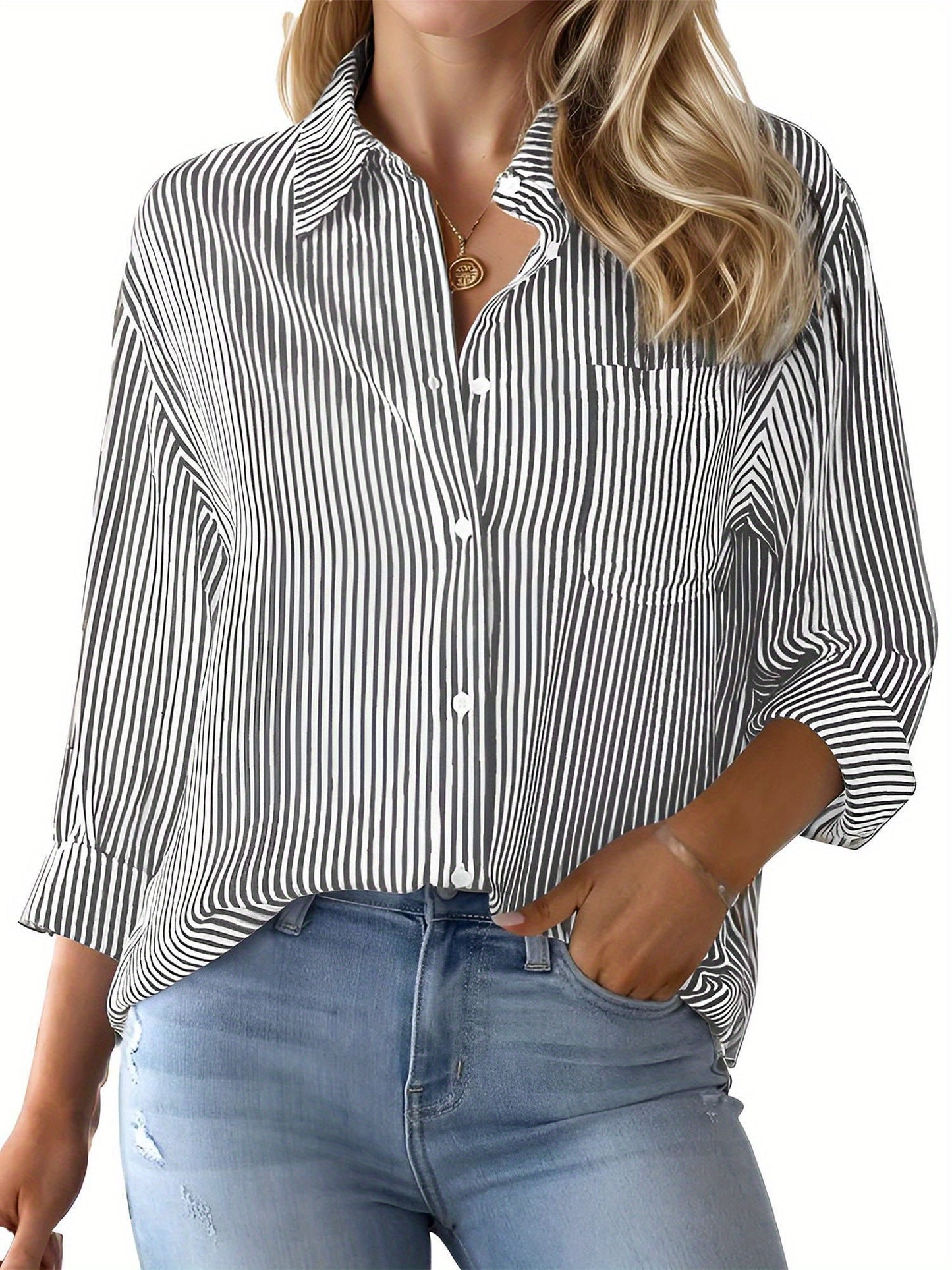 Tooluck Women's Lapel Multi-Color Striped Pocket Office Work Long Sleeve Shirt