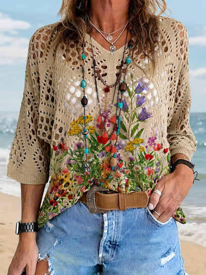 Plus Size, 2026 Summer V-neck Beach Women's Fashion Flower Printed Hollow Short Sleeve Casual Hoodie, Bat Sleeve Diamond Hollow Design Hoodie, Elegant Hoodie, Spring And Summer Swimsuit Hoodie, Vacation Style Top